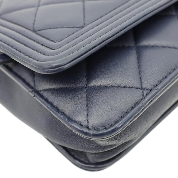 Chanel  Boy Quilted Calfskin Leather Wallet On Chain Crossbody Bag Navy Blue - Picture 8 of 15